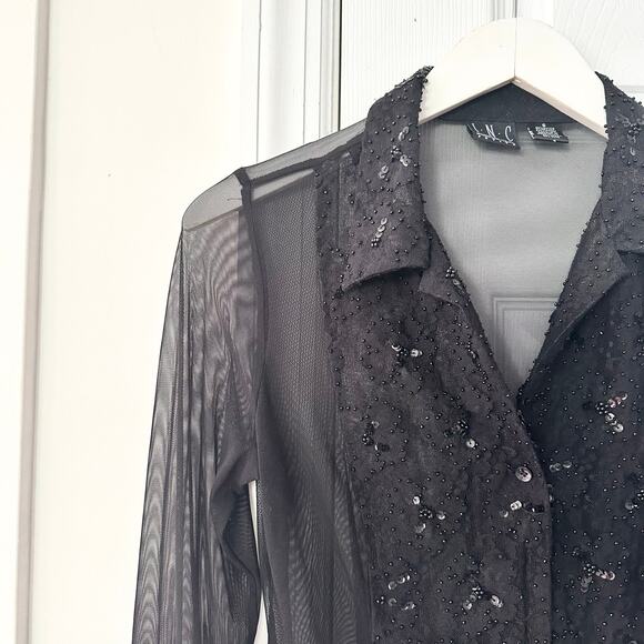 INC Petites Vintage Black Mesh Lace Sequin Trim Collared Buttondown Blouse Small - Picture 3 of 8